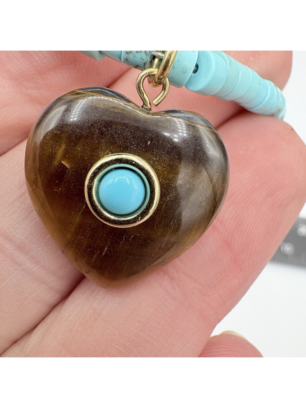 Mayamar Turquoise Beaded w/Tiger's Eye Stone Heart Necklace 18" (NEW) 24K Plated - Picture 7 of 10